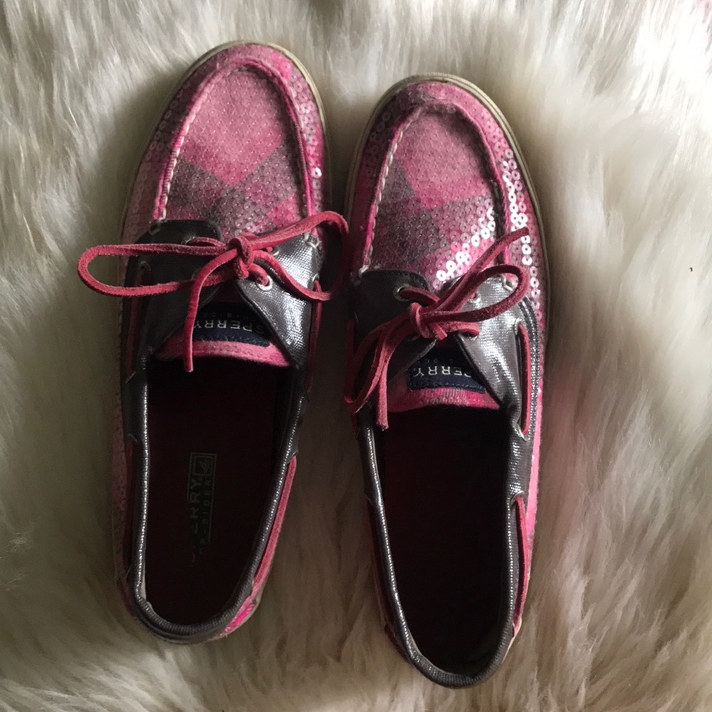 Pink plaid sequin sperry